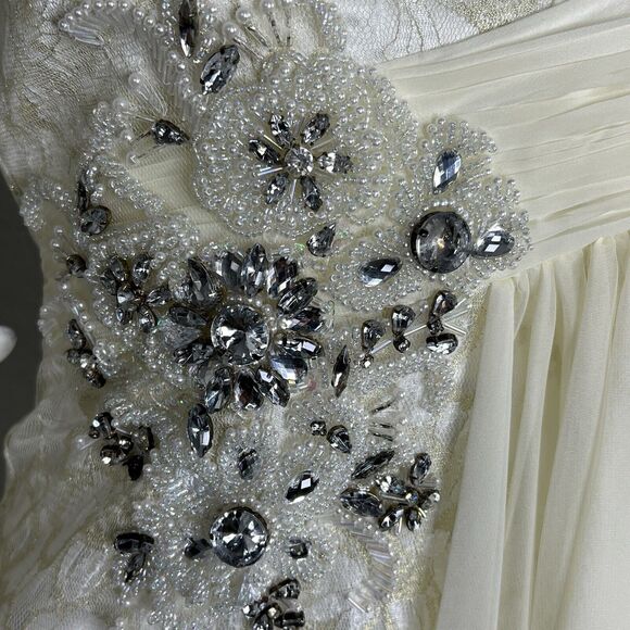 Size 6 Maxi One Shoulder Lace Gown Maxi Dress Whimsical Fairy Angelic Prom Ivory - Picture 6 of 9